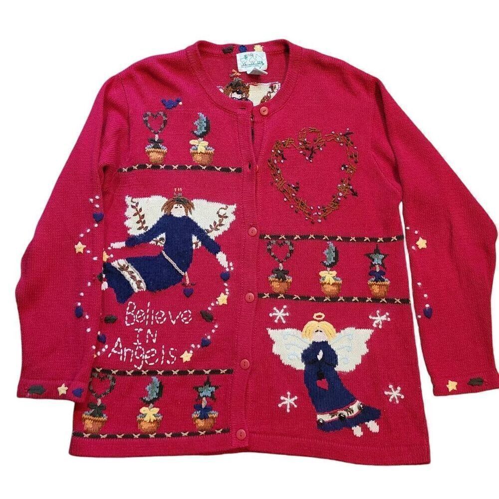 Vintage Quacker Factory Cardigan Sweater Women's Medium Red Angel Christmas